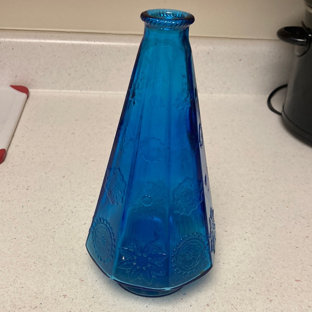 Vase pyramid shape of blue glass by Wheaton Glass Company of NJ.